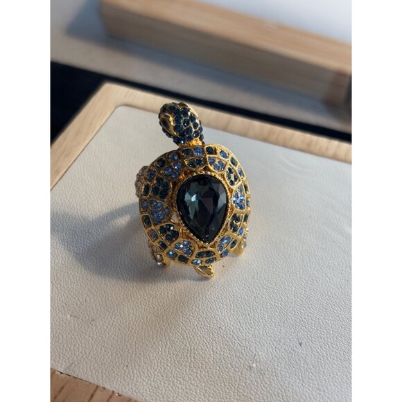 Gold Turtle Ring With Blue & Clear Crystals Adjustable Size 7 Fashion Jewelry Ac - Picture 16 of 16
